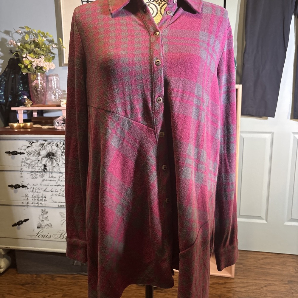 Soft Surroundings Women's Purple & Gray Paramour Plaid Tunic Shirt Size‎ Medium